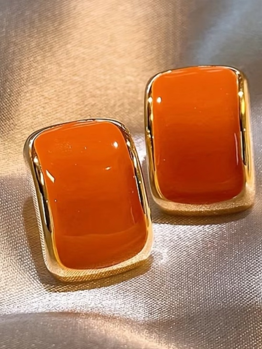 Gold Trim Orange Enamel Square Stud Earrings - Women Jewelry